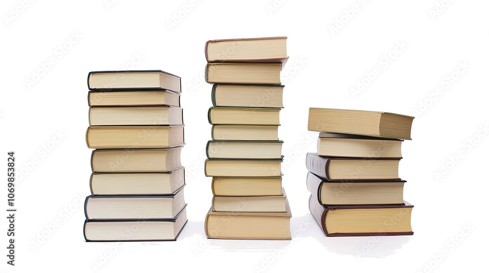 Poster stacks of books arranged neatly on a transparent background generative ai