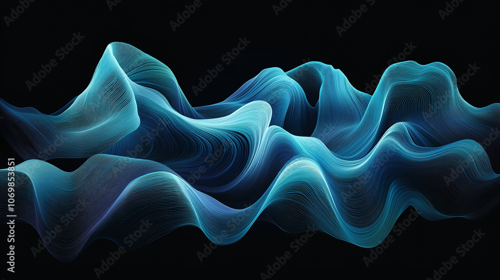 Poster Surreal blue wave patterns visualizing sound waves against a dark background