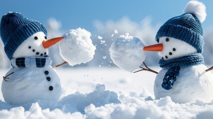 Two cheerful snowmen engaged in a playful snowball fight in a snowy winter landscape on a sunny day