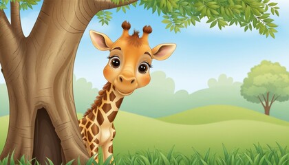 Funny shy giraffe hiding and peeking out from behind a tree. Illustration of adorable young giraffe hiding near a tree, lovely nature scene, suitable for fun greeting card des