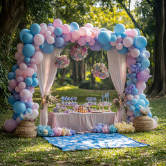 beautiful outdoor gender reveal party setup featuring pastel balloons, floral decorations, and...