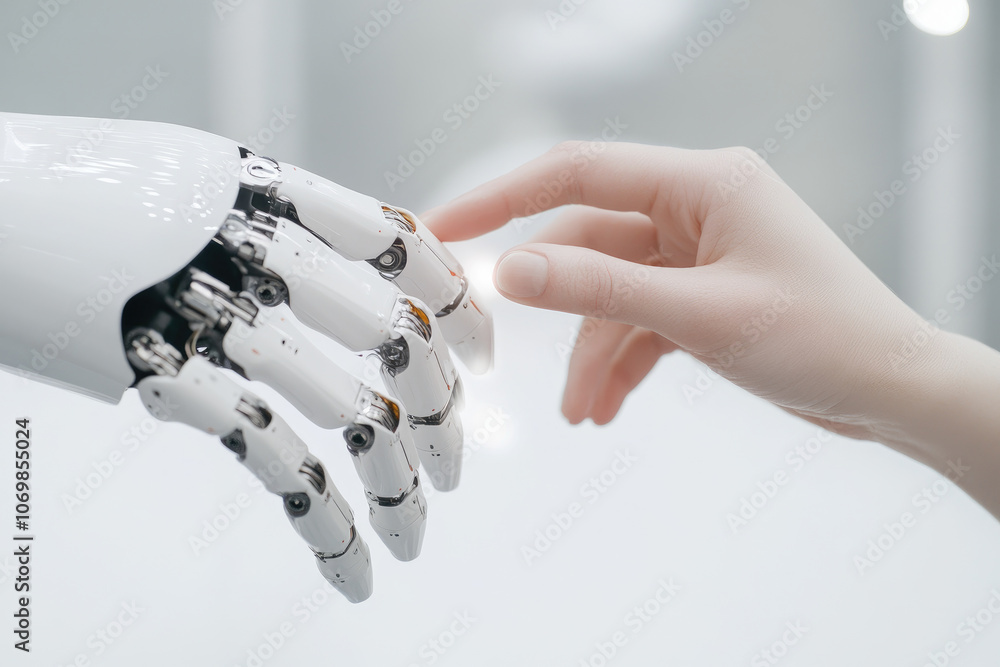 Poster human-robot connection, a moment of interaction and understanding as a person reaches out to touch a