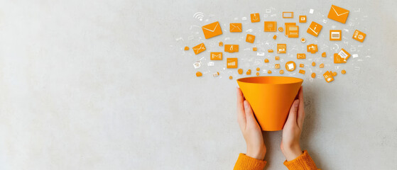 Lead Generation Strategies, individual using funnel to collect leads, surrounded by icons symbolizing various marketing tactics and approaches