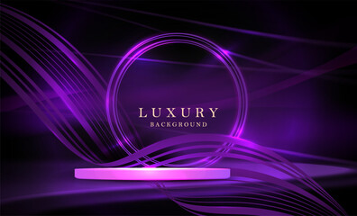 Purple round frame and podium with ribbons and glitter on black background.