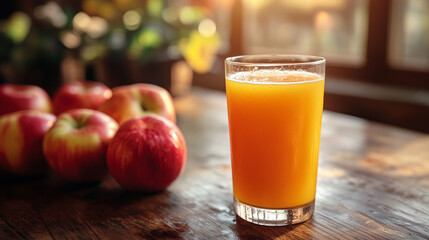 Fresh apple juice in a glass with red apples on a rustic table, warm sunlight glow, inviting restaurant atmosphere, copy space