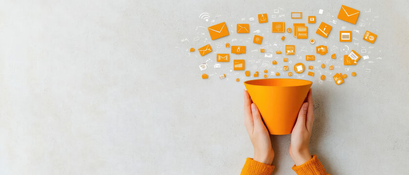 Lead Generation Strategies, individual using funnel to collect leads, surrounded by icons symbolizing various marketing tactics and approaches