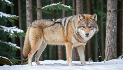 Fototapeta premium Gray wolf, Canis lupus in the winter forest. Wolf in the nature habitat