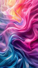 Fototapeta premium Colorful and vibrant abstract background featuring flowing silk fabric waves in pink, purple, and blue hues, creating a soft and dynamic visual effect.