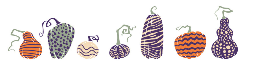 stylized gourds and pumpkins set with patterns like stripes and spots in earthy tones of orange, purple, and beige, ideal for autumn-themed decor and seasonal promotions.