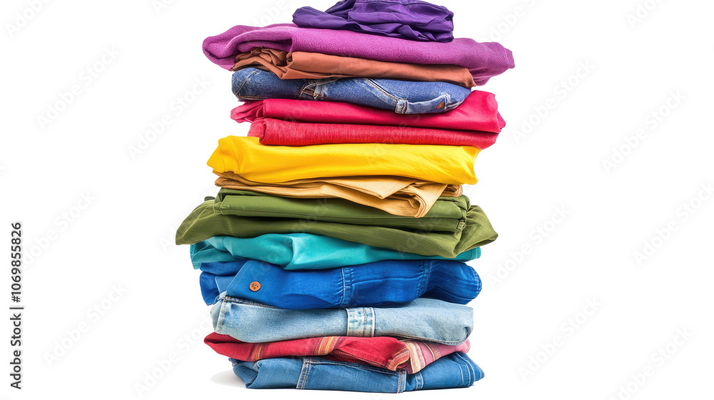 Poster colorful stacks of folded clothes isolated on a transparent background generative ai