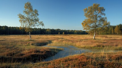 Fototapeta premium Heathland, flowering common heather (Calluna vulgaris) and birch (Betula), blue sky