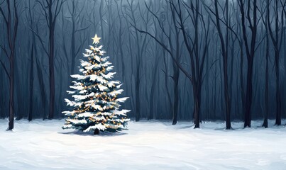 Fototapeta premium A beautifully decorated Christmas tree surrounded by a serene, snowy forest in a winter wonderland setting.