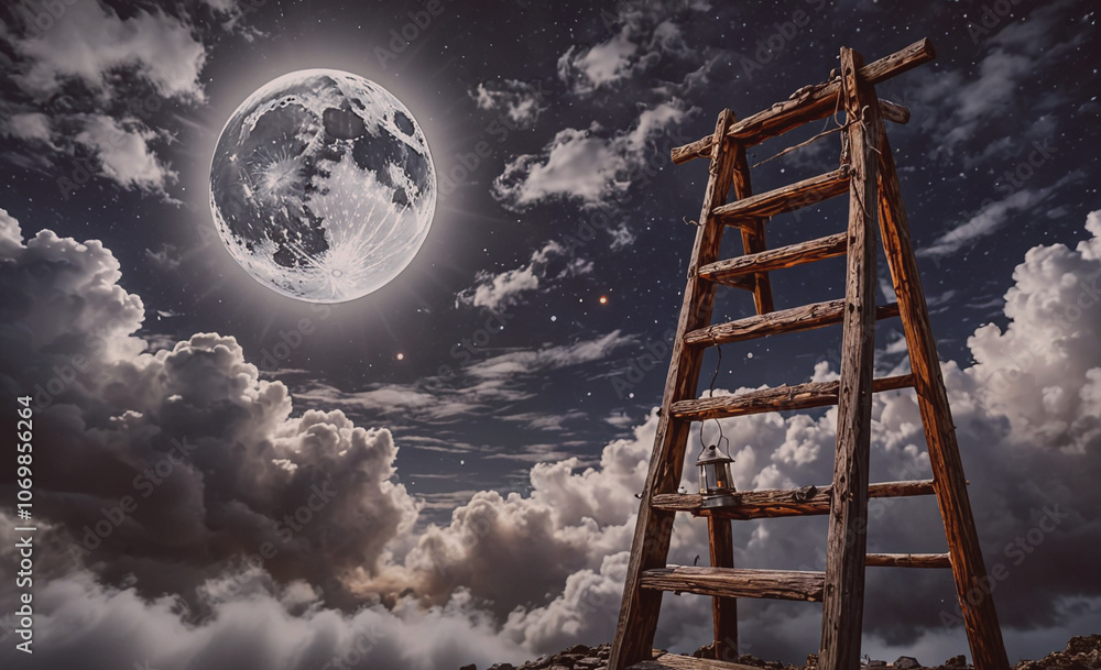 Poster ladder is on a hill with a full moon in the sky