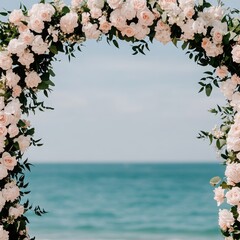 Beautiful floral arch with pink roses against a serene ocean backdrop, perfect for weddings or romantic events.