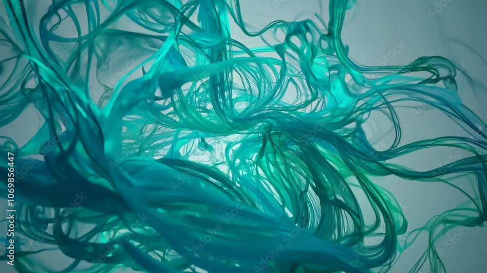 Poster camera zooms in on a subtle explosion of cool blues and greens, wispy tendrils of color unfurl grace