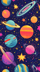 Colorful planets and stars on a dark blue background.