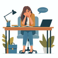 Bored woman sitting at desk. Tired sad office worker. Procrastination, burnout and boredom concept. Depressed upset exhausted lazy student. Flat vector illustration isolated on white background