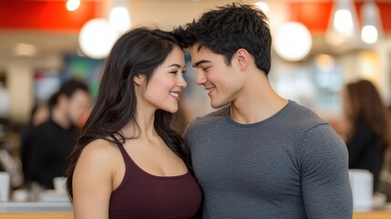 Fototapeta premium Couple sharing a tender moment in a bustling café, surrounded by warm lights, AI