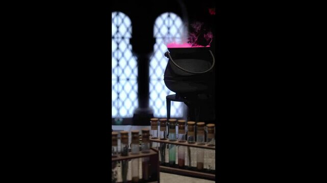 Black cauldron glowing with pink light near potion bottles and herb test tubes in a mystical, gothic setting with arched windows in the witch laboratory