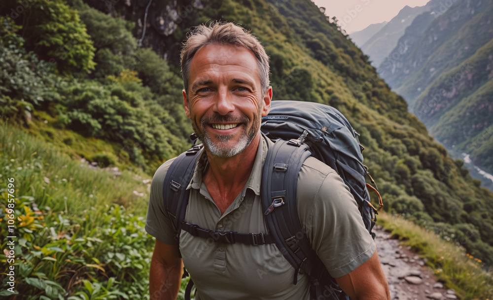 Aufkleber man with a backpack is smiling