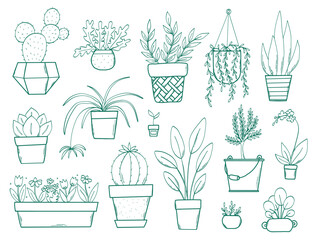 Houseplants, indoor plants doodles, cartoon elements collection for prints, stickers, banners, sights, cards, posters, etc. EPS 10