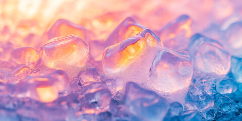 Close up view of Ice cubes with colorful lighting backlit, Generative AI image. 