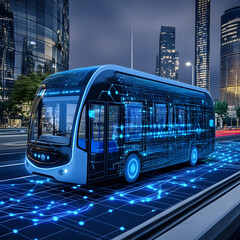 An autonomous city bus on top of a blue digital network wireframe 