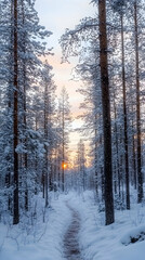 Fototapeta premium A snowy forest path with a golden sunrise in the distance.