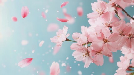 Soft pink cherry blossoms, petals in air, isolated background, spring delicate charm.