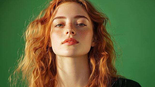 Young woman with long, red hair poses against a green screen background, her facial expressions subtly shifting with each frame