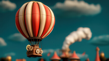 Obraz premium A hot air balloon ride over a whimsical fair, with brass gears turning below