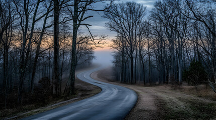 Fototapeta premium A winding road through a misty forest at sunrise.