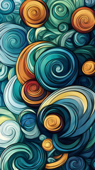 Abstract background with swirling blue, yellow, and orange patterns.