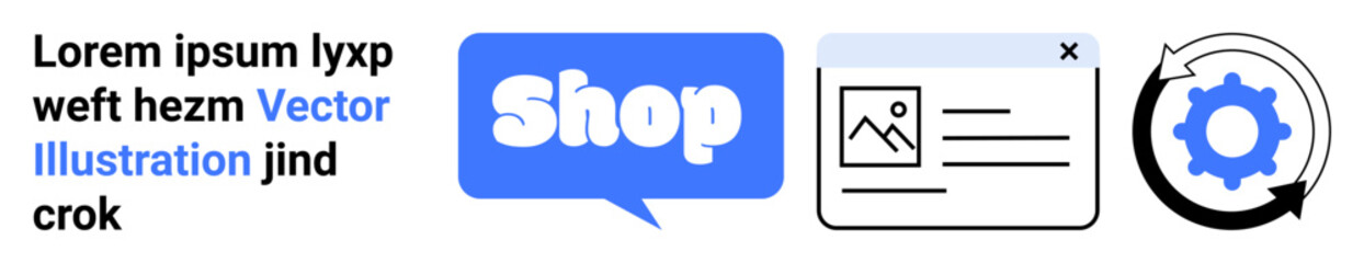 Online shopping platform illustration with a speech bubble labeled Shop, a webpage layout, and a gear representing settings. Ideal for e-commerce, web design, digital marketing, technology, user