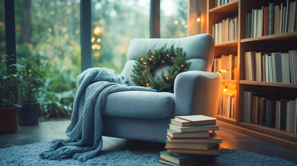Create a festive christmas ambiance with a cozy armchair, warm blanket, and advent wreath in a room filled with books and soft lighting, perfect for holiday relaxation