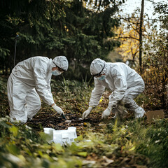 A forensics team investigating a crime in the forest 