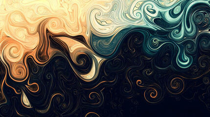 Abstract swirls of yellow, blue, and black paint create a dynamic and colorful design.