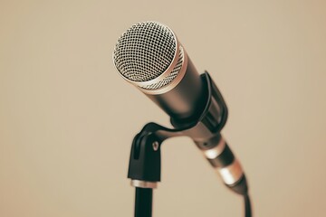Microphone on stand with beige background, space for text