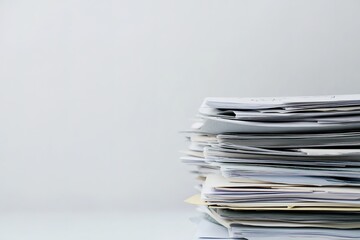 Stack of various papers on desk, minimalistic setup.