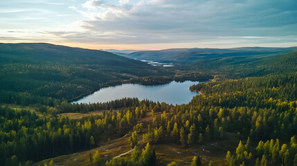 Naklejka premium Aerial view of a serene lake surrounded by lush green forest and rolling hills under a cloudy sky.