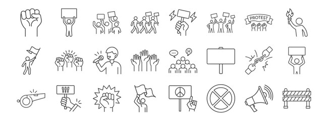 Protest, activism line icon set. Vector pictograms of raised fists, placard, march, demonstration, civil rights, freedom of speech thin linear illustration.