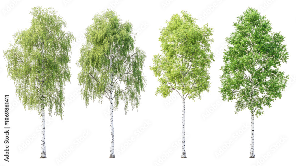 Poster set of summer green birch trees against a transparent background generative ai