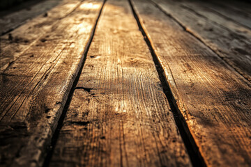 Sunlit wooden planks with a warm, rustic texture reflecting a golden glow during sunset, highlighting natural details and organic patterns.