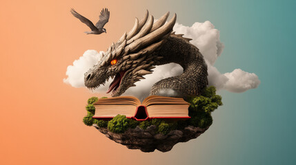A fantasy dragon coiled around a floating books 