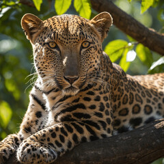 Fototapeta premium A majestic leopard resting on a tree branch, its gaze fixed on the camera. The leopard's beautiful spotted coat and piercing eyes are highlighted against the lush green foliage.
