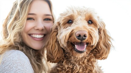 Fototapeta premium Joyful Woman with Golden Labradoodle Dog Smiling Together