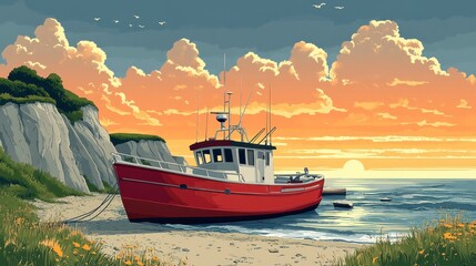 Fototapeta premium Traditional Fishing Boat in Coastal Sunset Scene