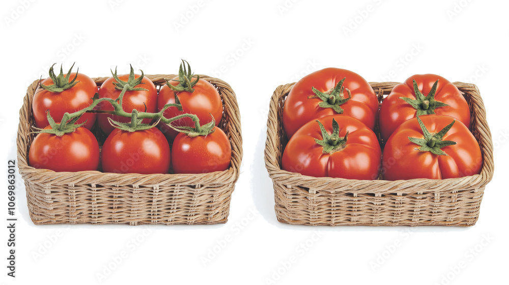 Poster fresh ripe tomatoes in rattan baskets on a transparent background generative ai