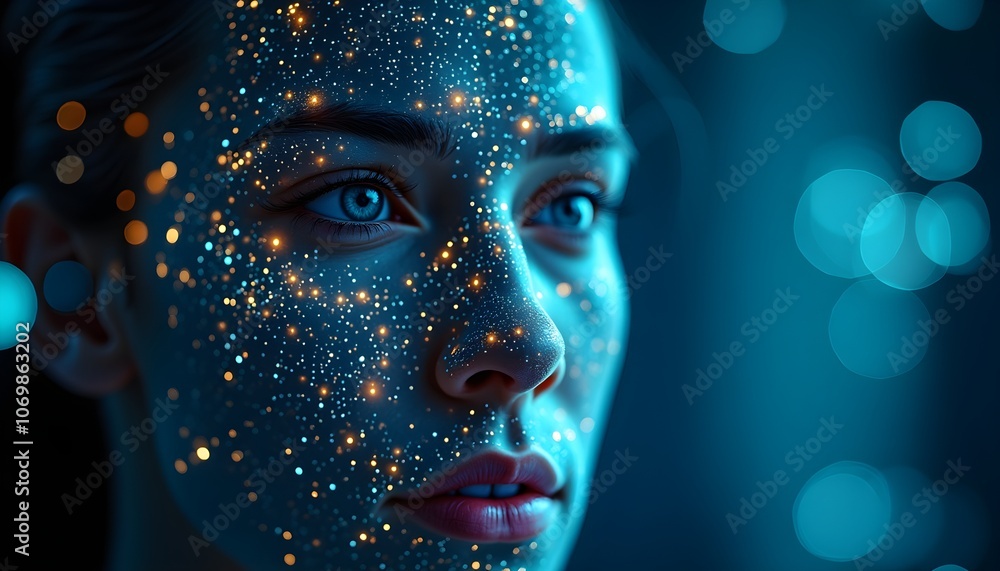 Poster a face with digital light patterns symbolizes the fusion of human and technology in hci.