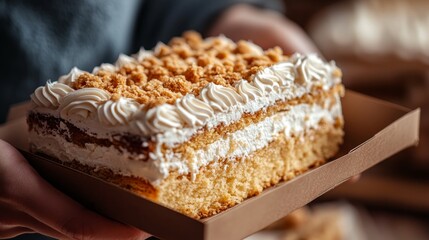 A delectable bento cake topped with creamy frosting and crunchy bits is presented in a takeout box, ideal for sharing at special events or parties